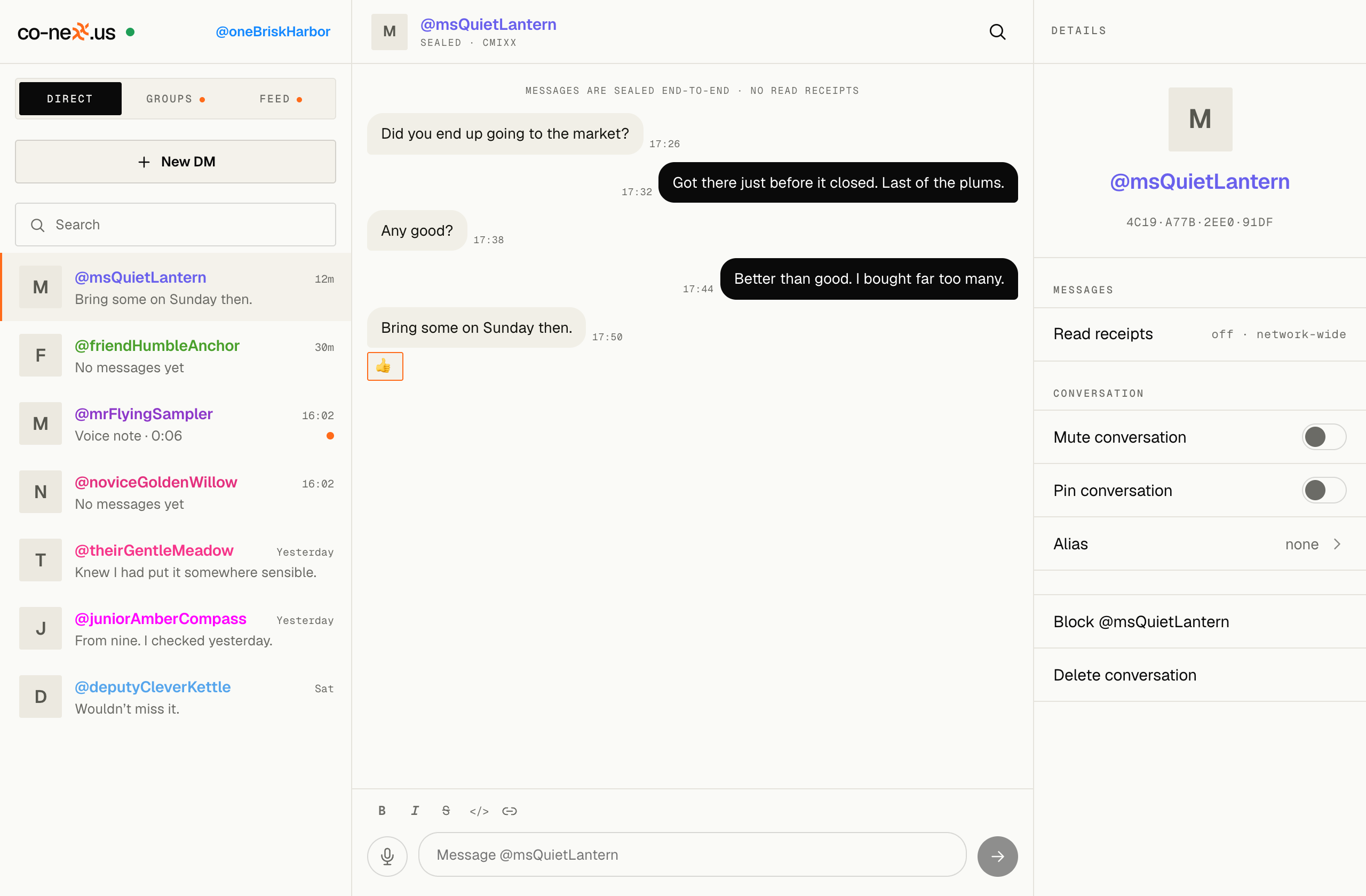 co-nexx.us desktop app, Direct mode: a sealed one-to-one conversation