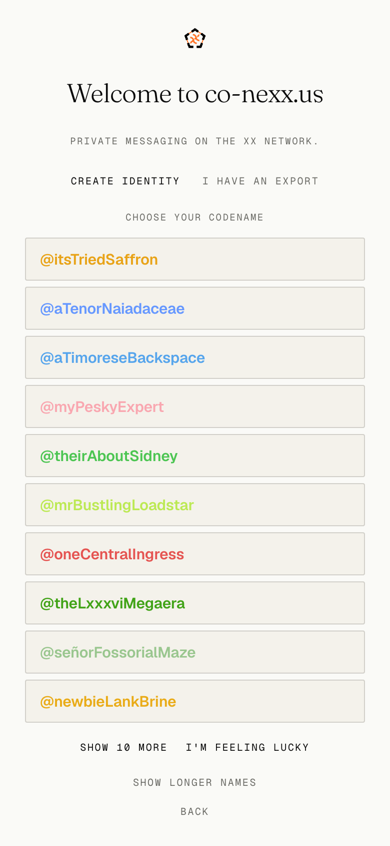 The codename picker offering ten codenames, each rendered in its own colour