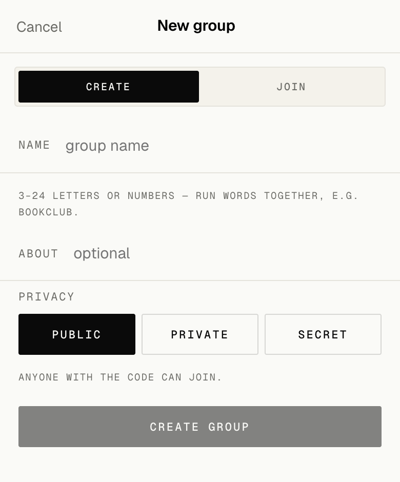 The New group screen on the Create tab, with a name field and public, private and secret privacy options