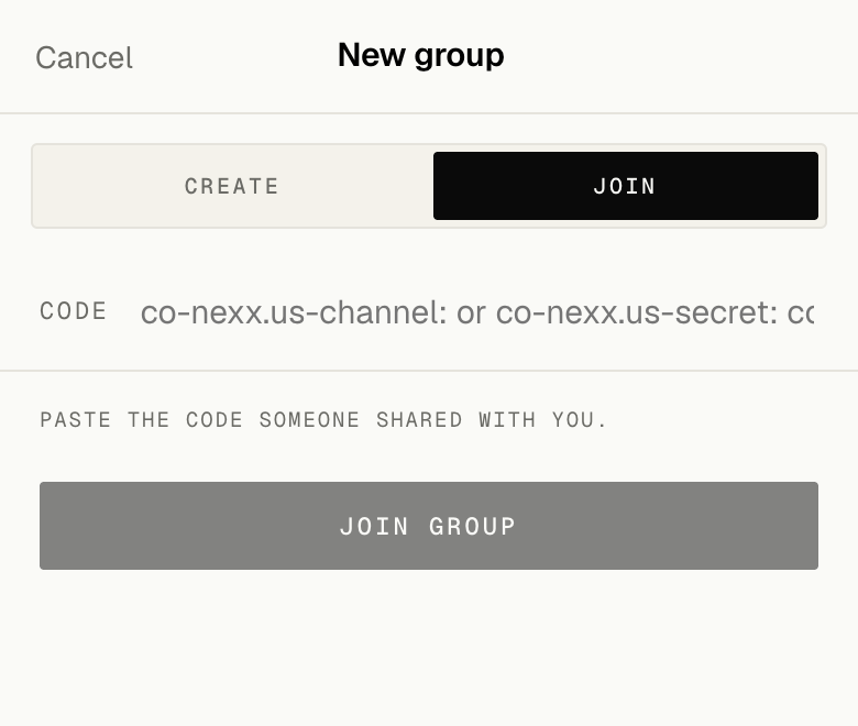 The New group screen with the Join tab selected and a field for a share code