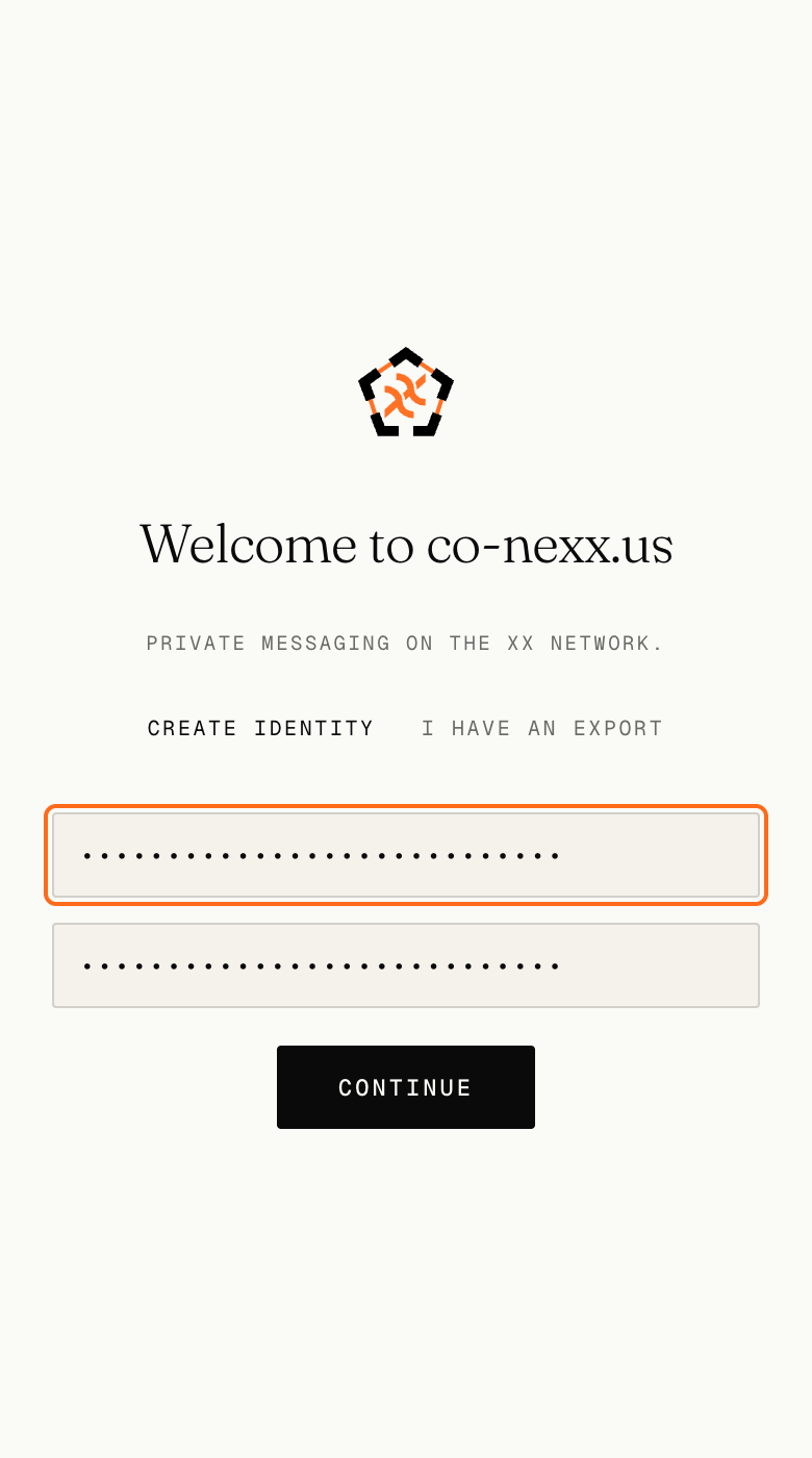 The co-nexx.us welcome screen, with a passphrase and a confirmation field