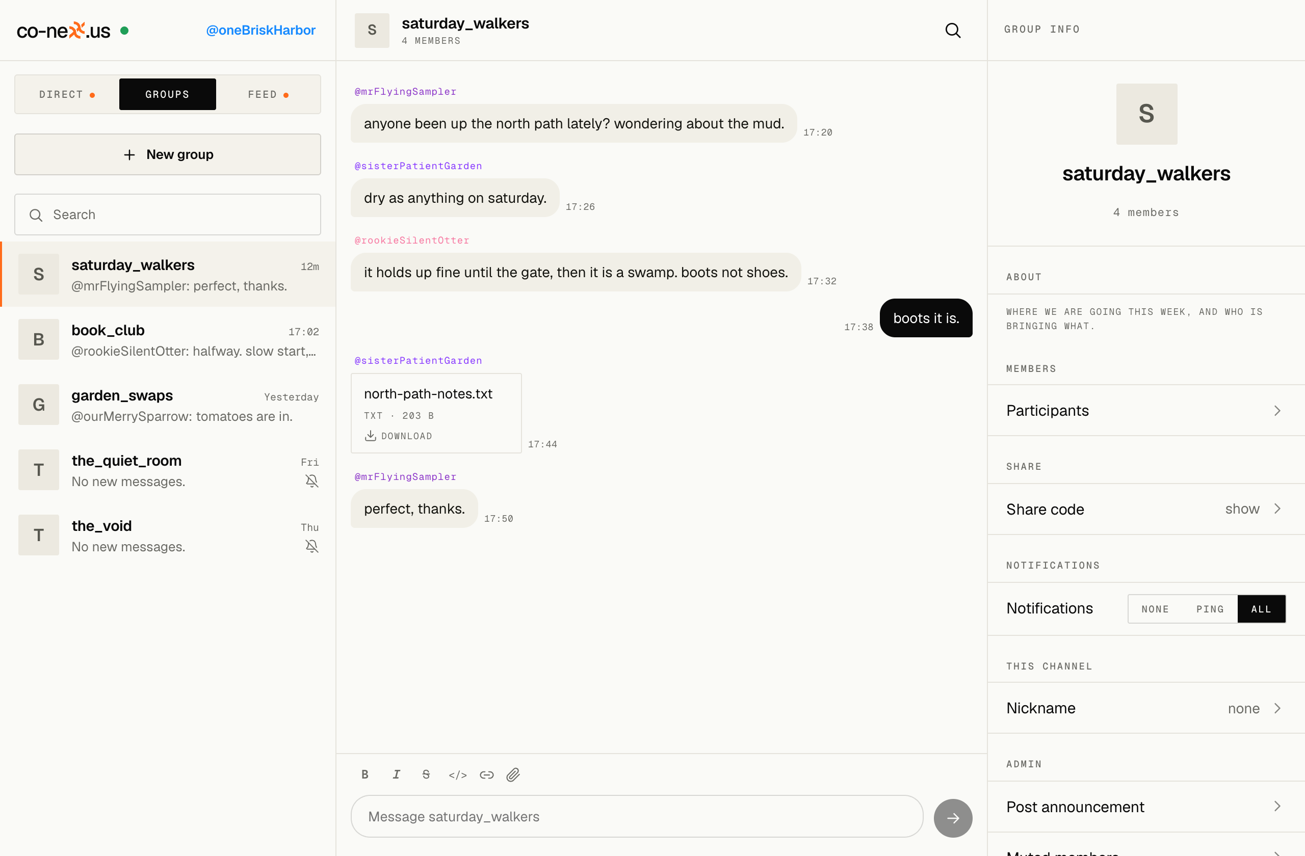 co-nexx.us desktop app, Groups mode: a group room with members and shared files